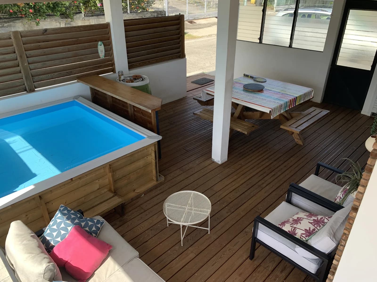 Large covered Goyavier terrace, plunge pool and outdoor lounge