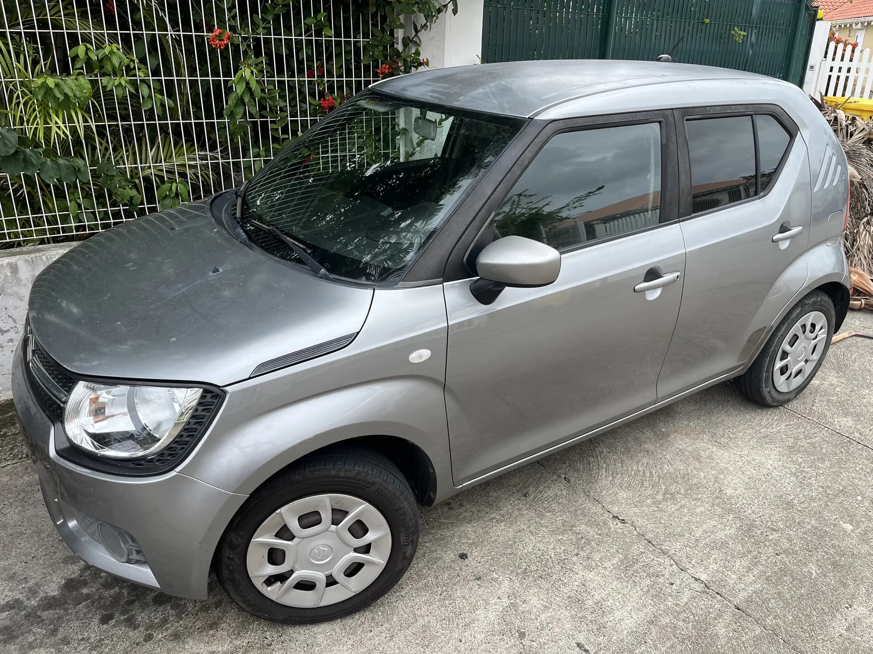 Grey Cap Lodge Suzuki Ignis, in front of a flowering wall