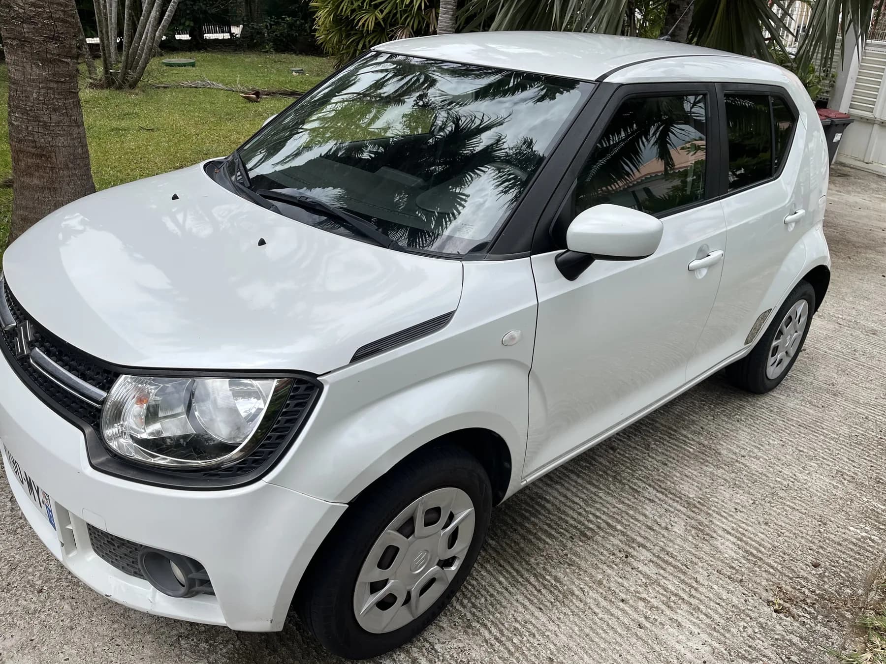 Suzuki Ignis garée devant un lodge, sous les palmiers